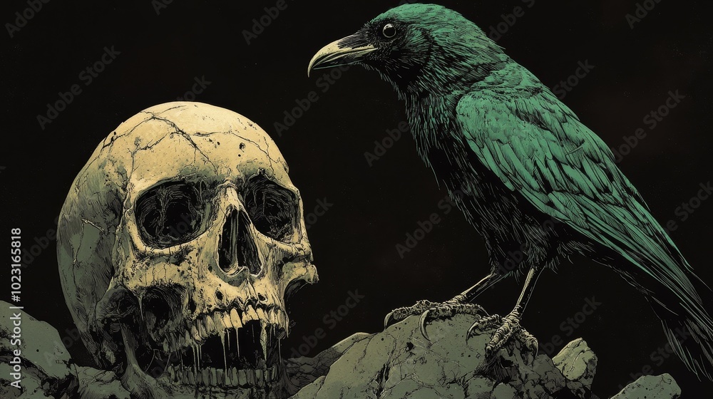 Fototapeta premium Grim 1980s Pulp Horror Art with Ragged Moldering Zombie Crow Perched on Human Skull, Green on Black Illustration, Evoking Eerie Atmosphere and Decay in Vintage Horror Style.