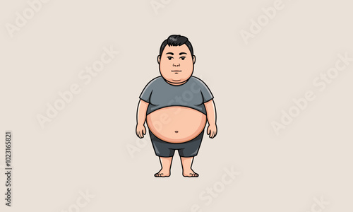 Cartoon overweight man in dark clothes standing barefoot.