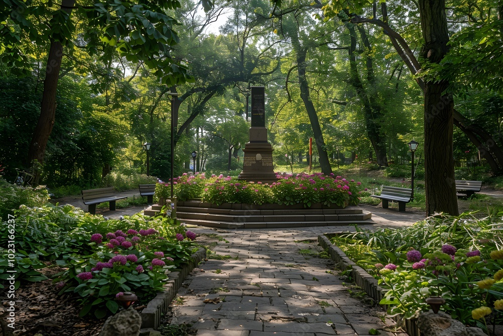 Serene Park Pathway Surrounded by Lush Greenery and Colorful Flowers Serene Park Pathway Surrounded by Lush Greenery and Colorful Flowers