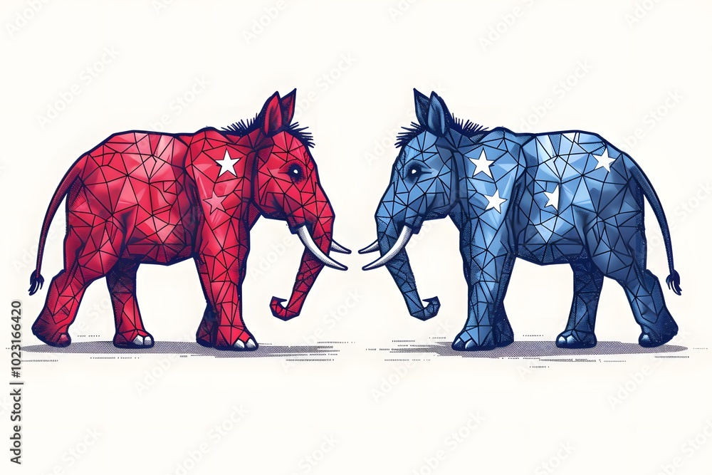 Obraz premium Geometric Elephants Representing Political Parties in Bold Colors