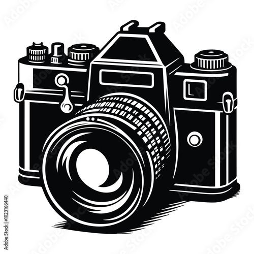 A simple camera icon displayed prominently on a clean white background, symbolizing photography and visual media