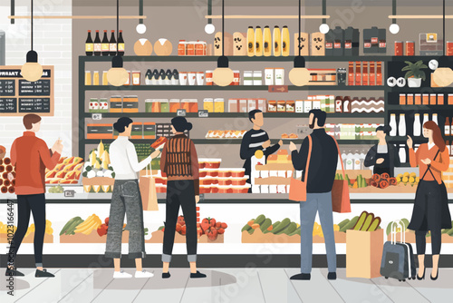 People Shopping in Grocery Store: Consumers Buying Food Products in Supermarket Aisles