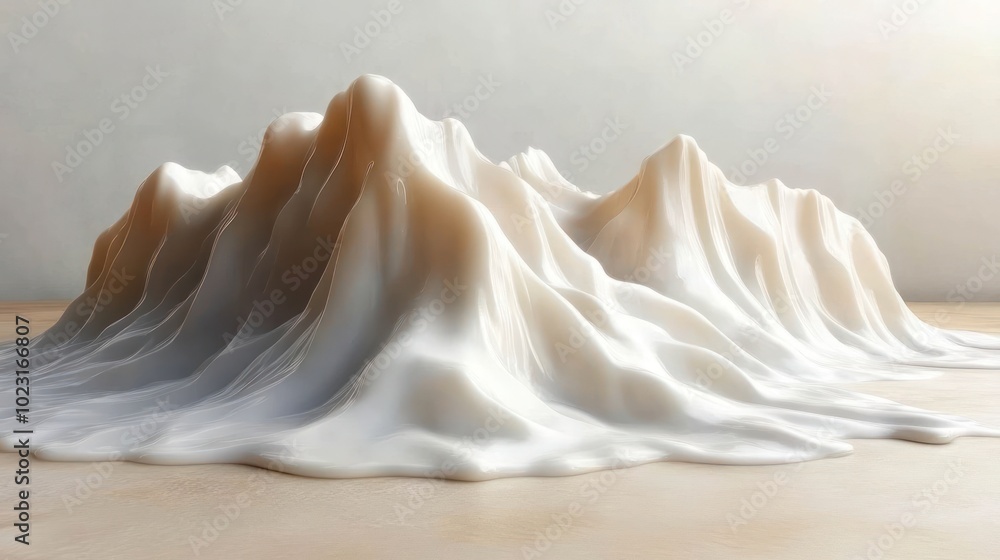A sculptural representation of mountains made from a smooth, creamy material. A sculptural representation of mountains made from a smooth, creamy material.