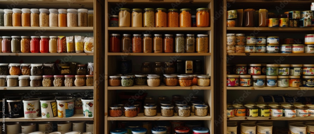 Shelves neatly lined with an assorted array of jars and cans, showcasing a well-organized pantry. Shelves neatly lined with an assorted array of jars and cans, showcasing a well-organized pantry.