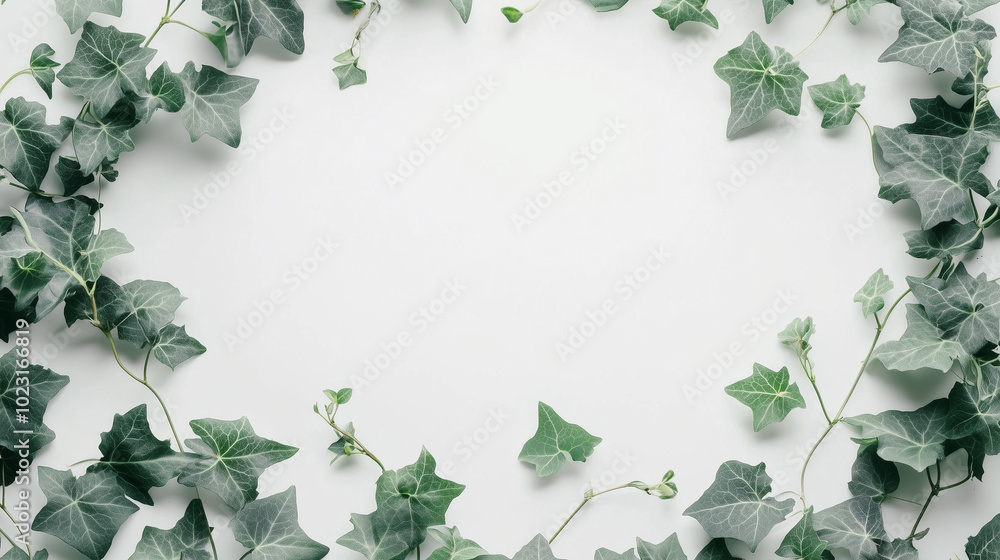 Minimalist English ivy green leaves frame on white background with copy space, Eco-friendly design background with Text space. Minimalist English ivy green leaves frame on white background with copy space, Eco-friendly design background with Text space.