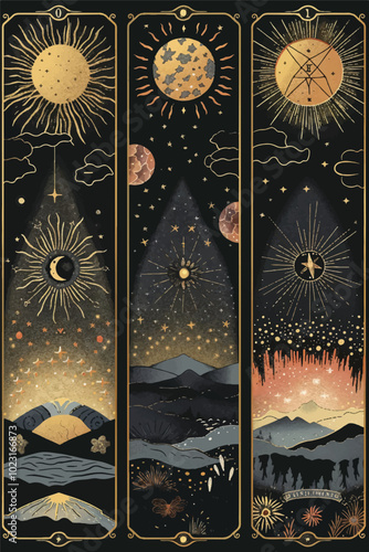 Tarot card backgrounds with mystical designs, featuring celestial symbols like sun, star, and moon.