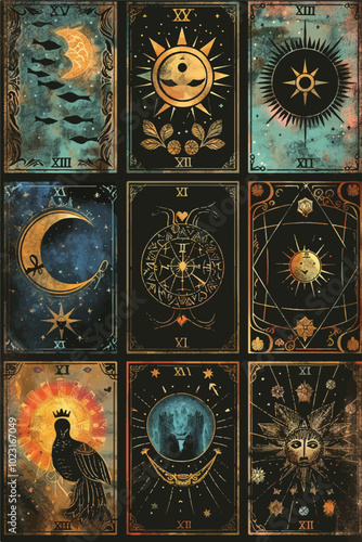 Tarot card backgrounds with mystical designs, featuring celestial symbols like sun, star, and moon.