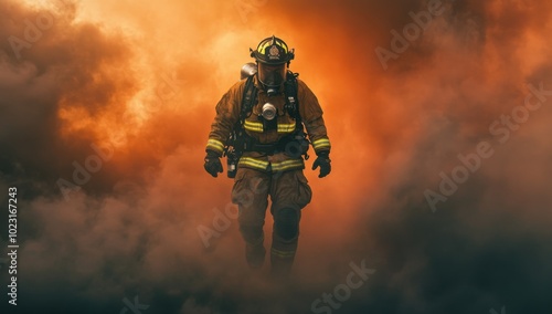 A firefighter in full gear walks through thick smoke and orange flames, with plenty of room for text or design, creating an iconic and powerful scene.
