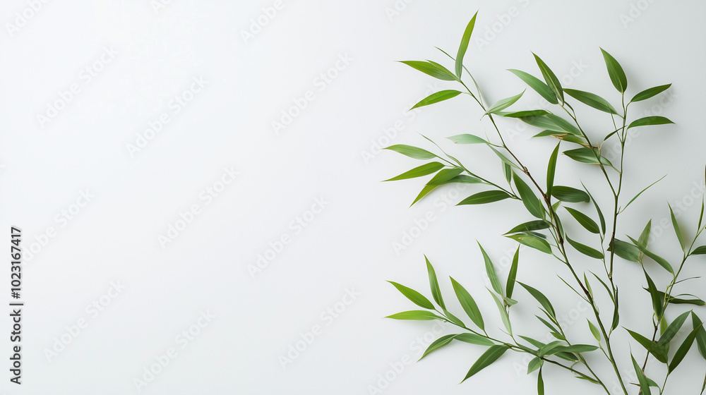 Minimalist lucky bamboo green leaves frame on white background with copy space, Eco-friendly design background with Text space. Minimalist lucky bamboo green leaves frame on white background with copy space, Eco-friendly design background with Text space.