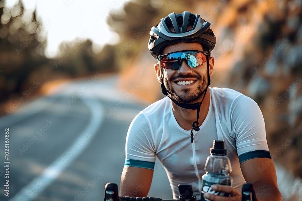 Joyful Cyclist Enjoying a Break on a Scenic Road Joyful Cyclist Enjoying a Break on a Scenic Road