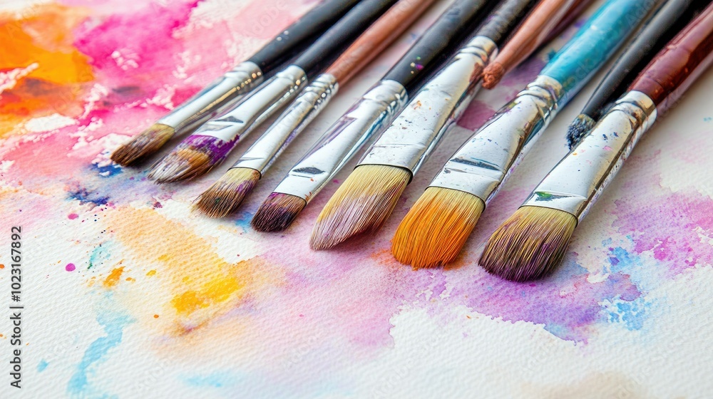 Fototapeta premium A beautiful watercolor set with paintbrushes laid out on a white surface, inviting creativity with plenty of room for text or designs.