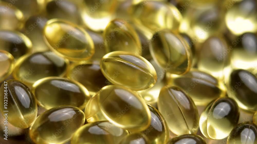 Vitamin E translucent golden capsules with natural nutrients. Supplements for healthy skin and eyes. Macro shot. Rotation Vitamin E translucent golden capsules with natural nutrients. Supplements for healthy skin and eyes. Macro shot. Rotation