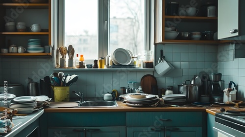 Cozy and cluttered kitchen interior with cookware,tableware and kitchen gadgets