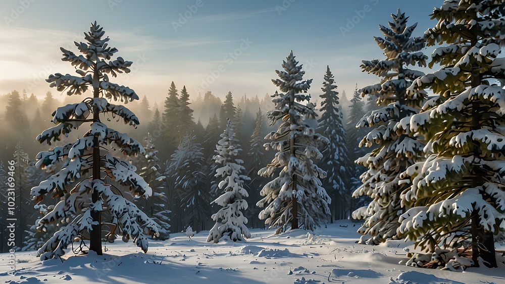 Snow-Covered Pine Trees in a Serene Winter Wonderland: Tranquil Landscape with Mist and Blue Sky Snow-Covered Pine Trees in a Serene Winter Wonderland: Tranquil Landscape with Mist and Blue Sky