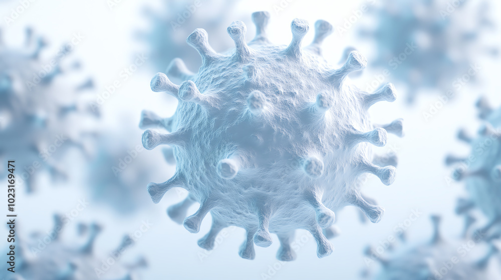 Close-up view of a virus structure, showcasing intricate details and textures in a soft-focus background. Ideal for educational and scientific representations. Close-up view of a virus structure, showcasing intricate details and textures in a soft-focus background. Ideal for educational and scientific representations.