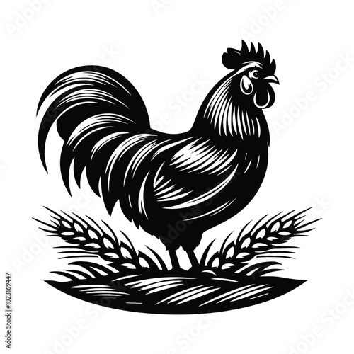 Silhouette of a rooster standing in grass, depicted in a vector style, showcasing a striking contrast against the background photo