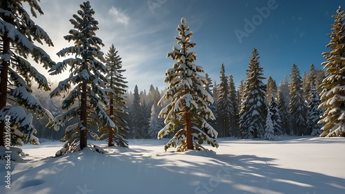 Snow-Covered Pine Trees in a Serene Winter Wonderland: Tranquil Landscape with Mist and Blue Sky