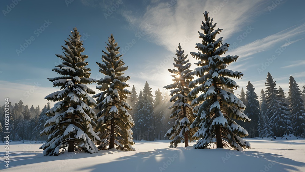 Naklejka premium Snow-Covered Pine Trees in a Serene Winter Wonderland: Tranquil Landscape with Mist and Blue Sky