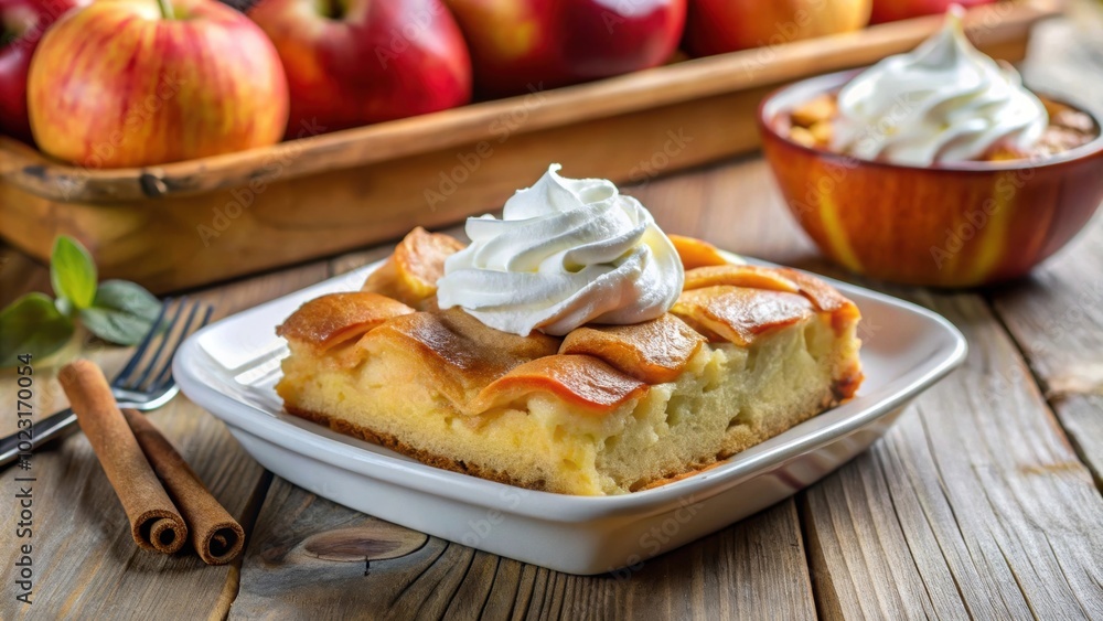 Homemade apple pudding cake topped with whipped cream , dessert, homemade, apple, pudding, cake, sweet, treat Homemade apple pudding cake topped with whipped cream , dessert, homemade, apple, pudding, cake, sweet, treat