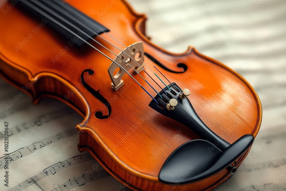 Close-up of a violin resting on sheet music, highlighting its warm wooden glow and elegant curves. Close-up of a violin resting on sheet music, highlighting its warm wooden glow and elegant curves.