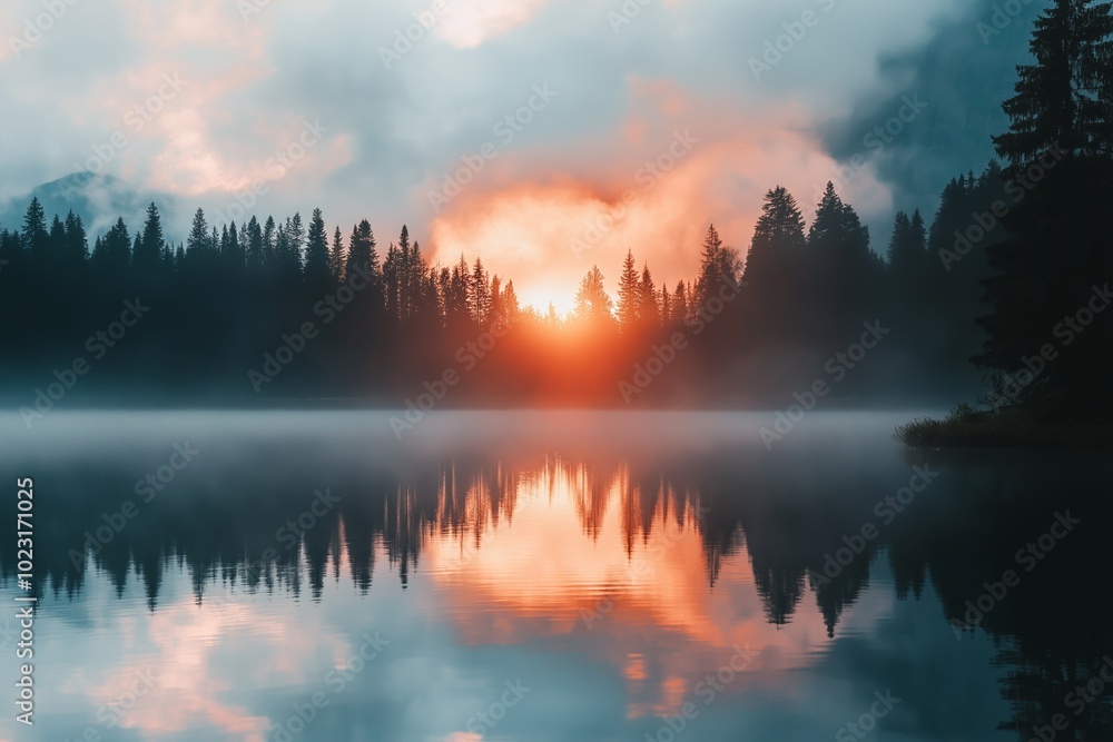 The sun rises over a misty forest lake, reflecting a serene glow. The sun rises over a misty forest lake, reflecting a serene glow.