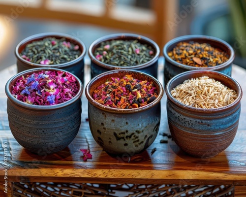 Organic Tea Tasting, vibrant colors, closeup, cozy setting, photography