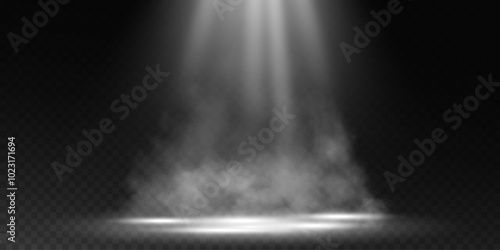 Dark stage on transparent background, white light from spotlight, empty dark stage and studio room with floating smoke. For product demonstrations.	