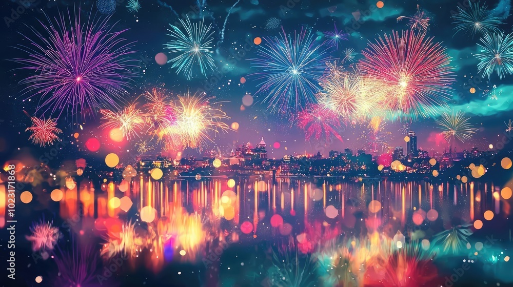 Obraz premium A dazzling display of colorful fireworks illuminating the night sky, reflected in tranquil water, creating a festive atmosphere.