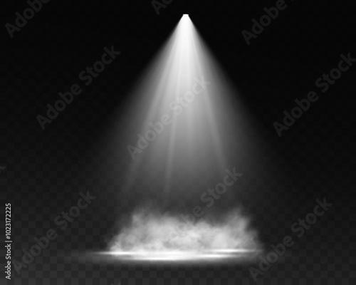 Dark stage on transparent background, white light from spotlight, empty dark stage and studio room with floating smoke. For product demonstrations.	