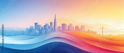 Stunning skyline view with vibrant wave colors at sunset, showcasing a beautiful city silhouette and colorful gradients.