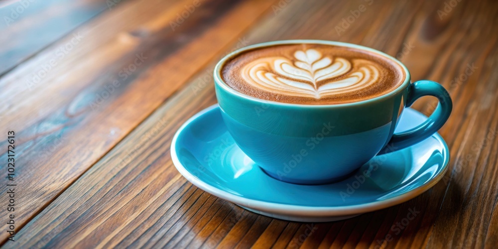 Blue latte coffee cup with artistic milk foam design on wood desk in cafe, latte, coffee, cup, blue, latte art Blue latte coffee cup with artistic milk foam design on wood desk in cafe, latte, coffee, cup, blue, latte art