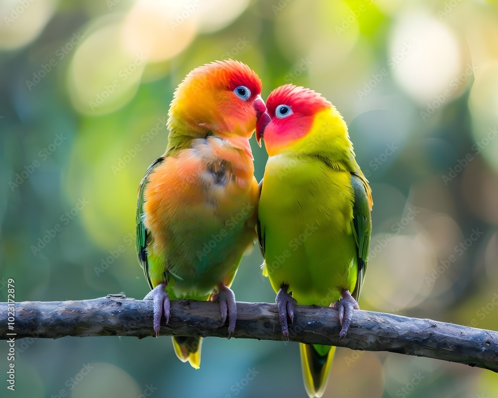 Two Lovebirds Perched Closely on Branch Showcasing Affection and Connection in Nature Two Lovebirds Perched Closely on Branch Showcasing Affection and Connection in Nature