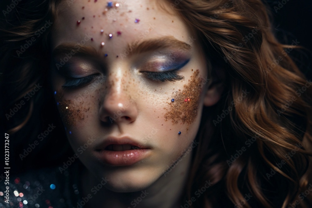 Close-up of a girl's face with festive makeup and sequins. The image gives her a fabulous and mystical look. The concept of New Year's Eve or birthday. Close-up of a girl's face with festive makeup and sequins. The image gives her a fabulous and mystical look. The concept of New Year's Eve or birthday.