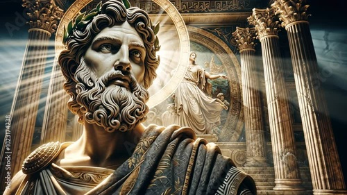 Exploring a majestic ancient temple with a grand statue of a Greek deity in sunlight