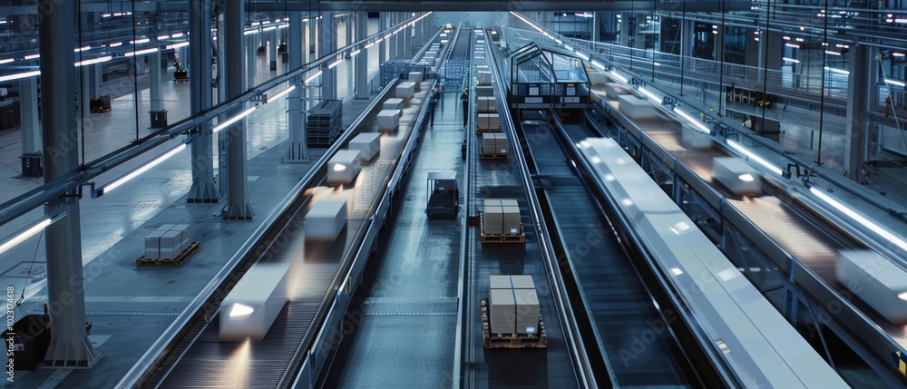 An intricate network of conveyor belts in a warehouse buzzes with activity, transporting packages efficiently under bright lights. An intricate network of conveyor belts in a warehouse buzzes with activity, transporting packages efficiently under bright lights.