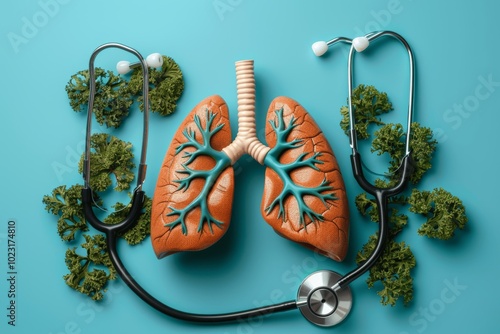 Human Lungs with Stethoscope on Blue Background, Top View, World No Tobacco Day Concept photo