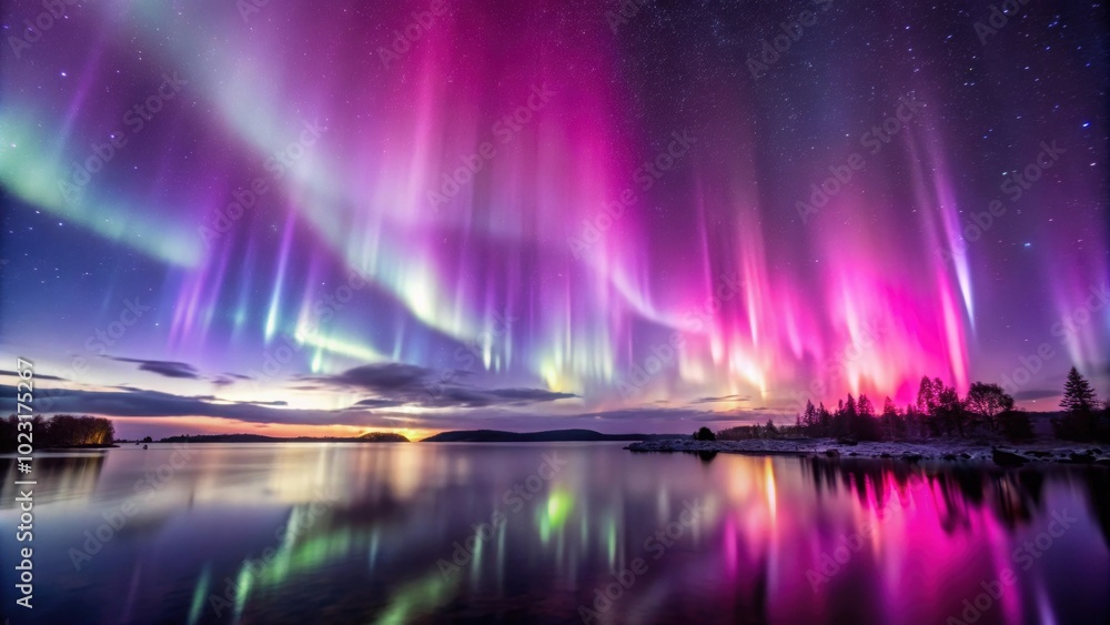 Northern lights illuminating a purple sky at night with a hint of red Northern lights illuminating a purple sky at night with a hint of red