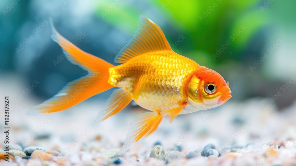 A vibrant goldfish swims gracefully over a sandy aquarium bed, showcasing its brilliant orange and yellow hues amidst a lush underwater backdrop. A vibrant goldfish swims gracefully over a sandy aquarium bed, showcasing its brilliant orange and yellow hues amidst a lush underwater backdrop.