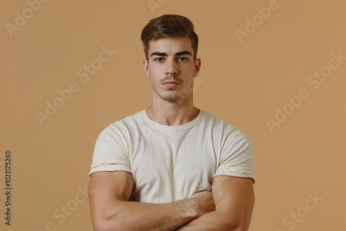 Caucasian handsome man isolated on beige background keeping the arms crossed in frontal position