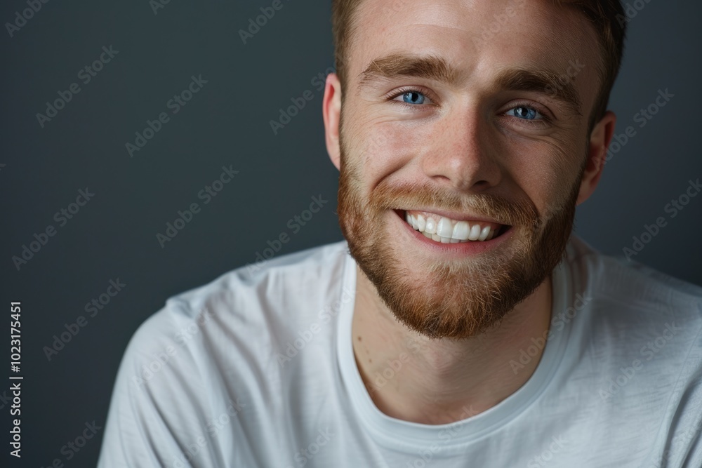 Smiling young man in white shirt showing healthy teeth. Smiling young man in white shirt showing healthy teeth.