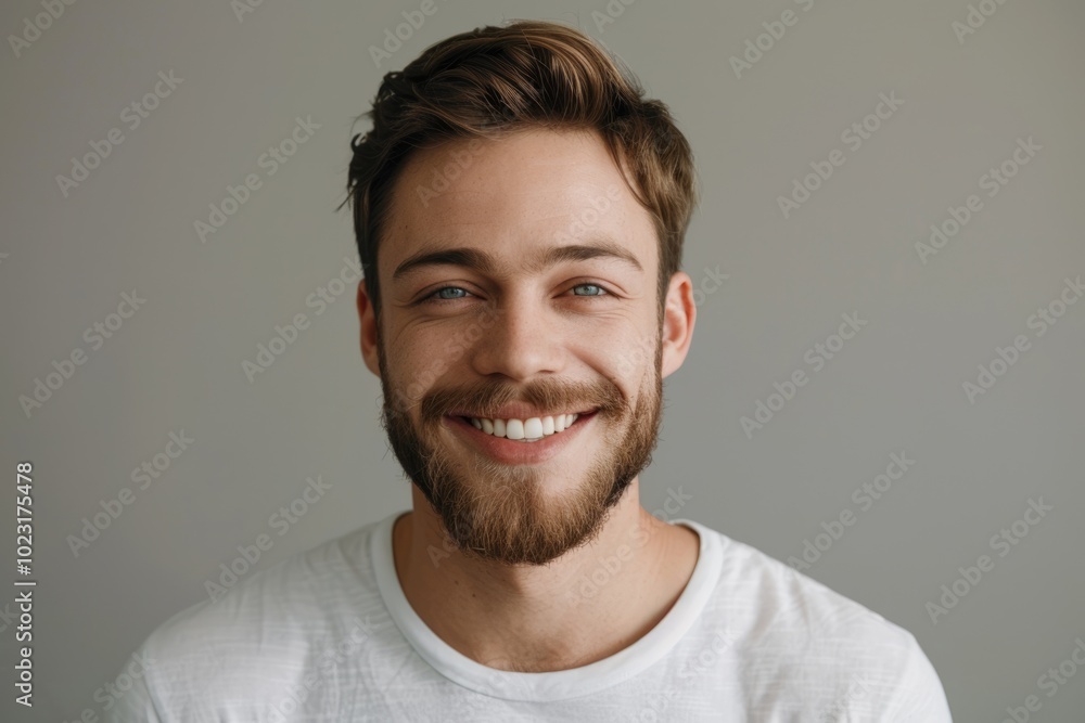Smiling young man in white shirt showing healthy teeth. Smiling young man in white shirt showing healthy teeth.