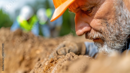 A close-up of a worker examining soil with focused determination while colleagues work in the background, showcasing construction or excavation efforts.