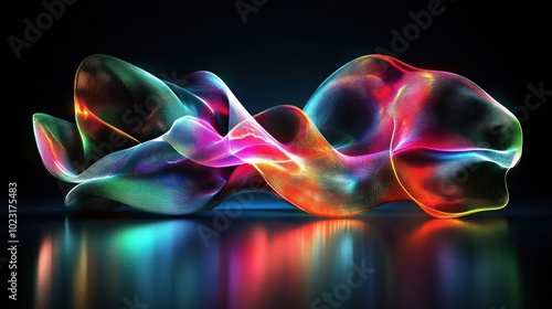 A vibrant, fluid abstract design with colorful waves and reflections on a dark background.