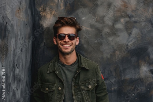 Happy young man in sunglasses against grey wall.