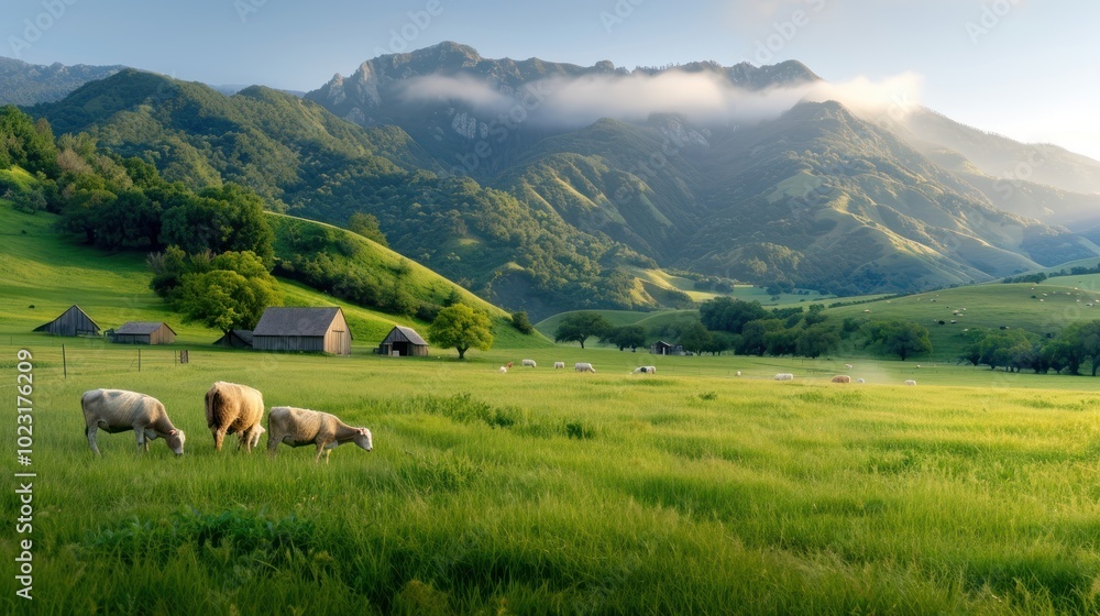 Obraz premium A serene landscape featuring grazing cows in a lush green field, with rolling mountains and mist in the background, evoking tranquility and natural beauty.