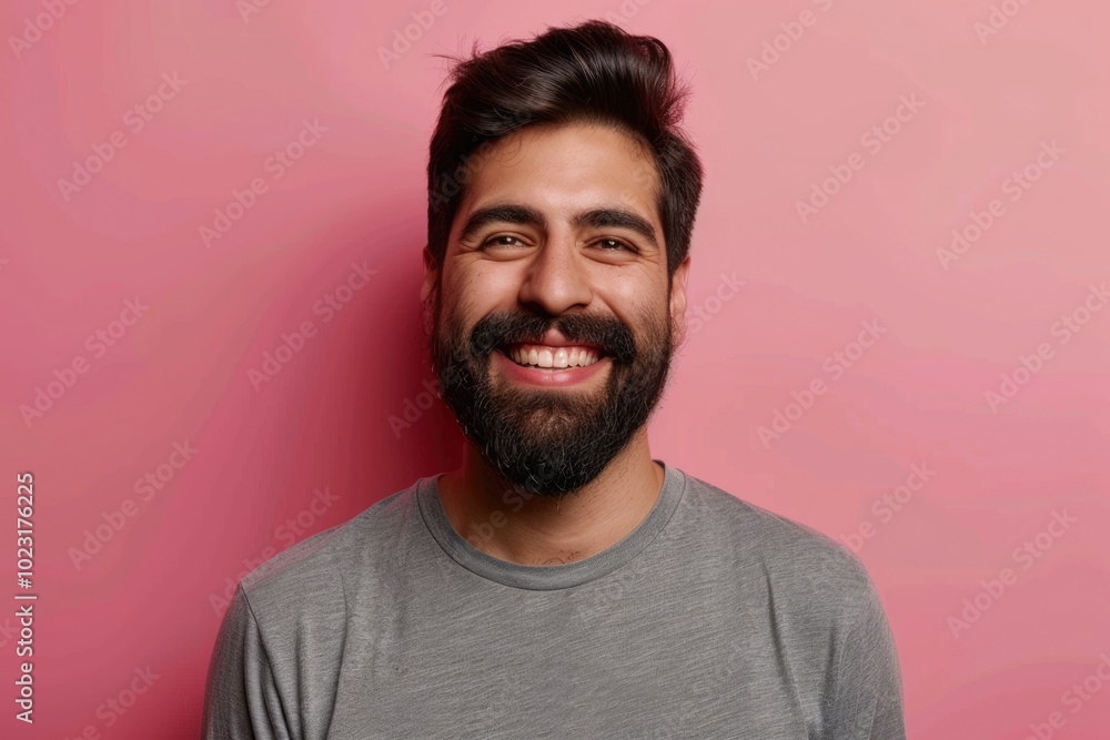 Obraz premium Happy Hispanic man with beard on pink background.