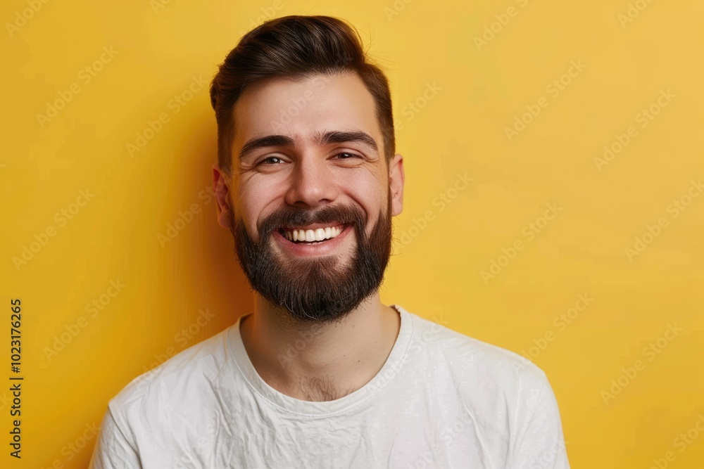 Obraz premium Smiling man in 30s with beard and mustache on yellow background