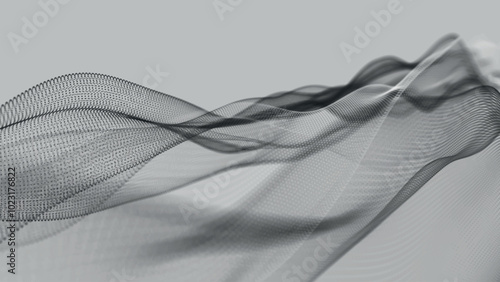 Futuristic black and white dot wave. Abstract digital particle wave. Technological background. Light background. Digital background with smooth wavy curves. Vector illustration.
