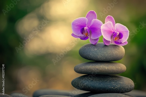 Zen stones with two bright orchid - generative ai