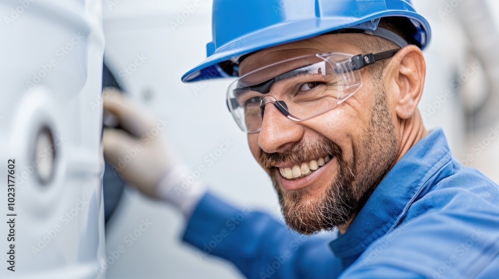 A smiling worker in safety gear, including a hard hat and goggles, performs maintenance on machinery, showcasing a commitment to safety and diligence. A smiling worker in safety gear, including a hard hat and goggles, performs maintenance on machinery, showcasing a commitment to safety and diligence.